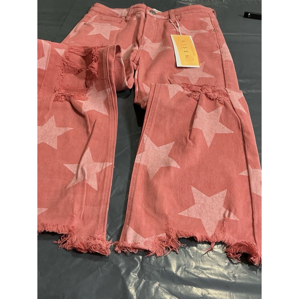 RISEN Jeans 5/27 Peach Blossom Star Print Distressed Raw Hem NWT RDP5609 - Picture 10 of 14